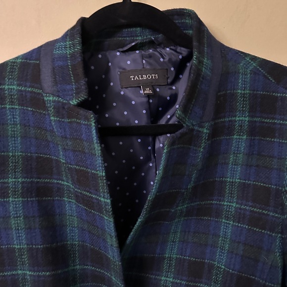 Talbots Plaid Blazer Jacket Sz 14 Blue Green 48% Wool Blend Tartan Plaid - Picture 2 of 9